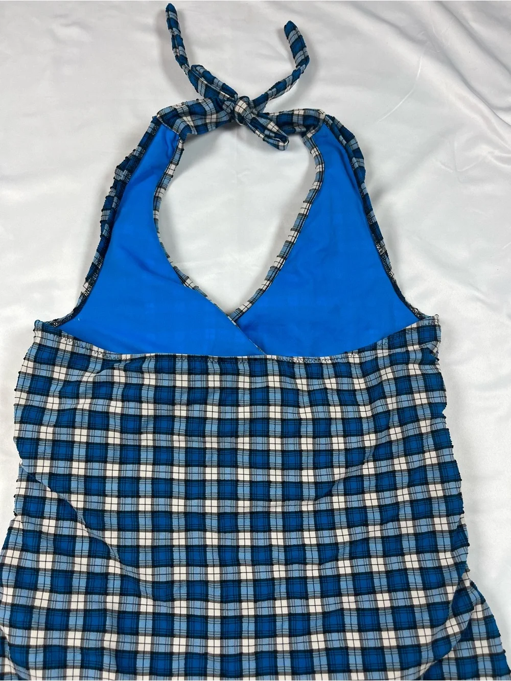 GANNI Recycled Seersucker Frill Halterneck Swimsuit Plaid Azure Blue Sz 40 New